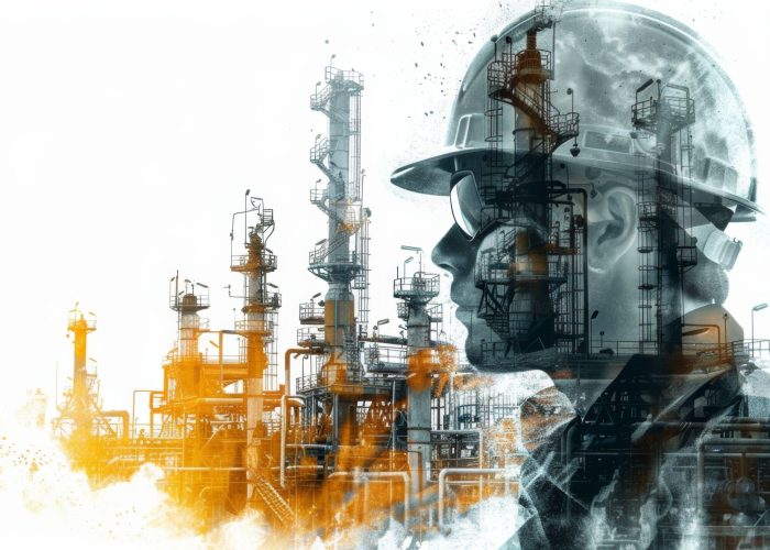 A man in a hard hat stands in front of a large industrial plant. Concept of industry and hard work, as the man is likely a worker in the plant